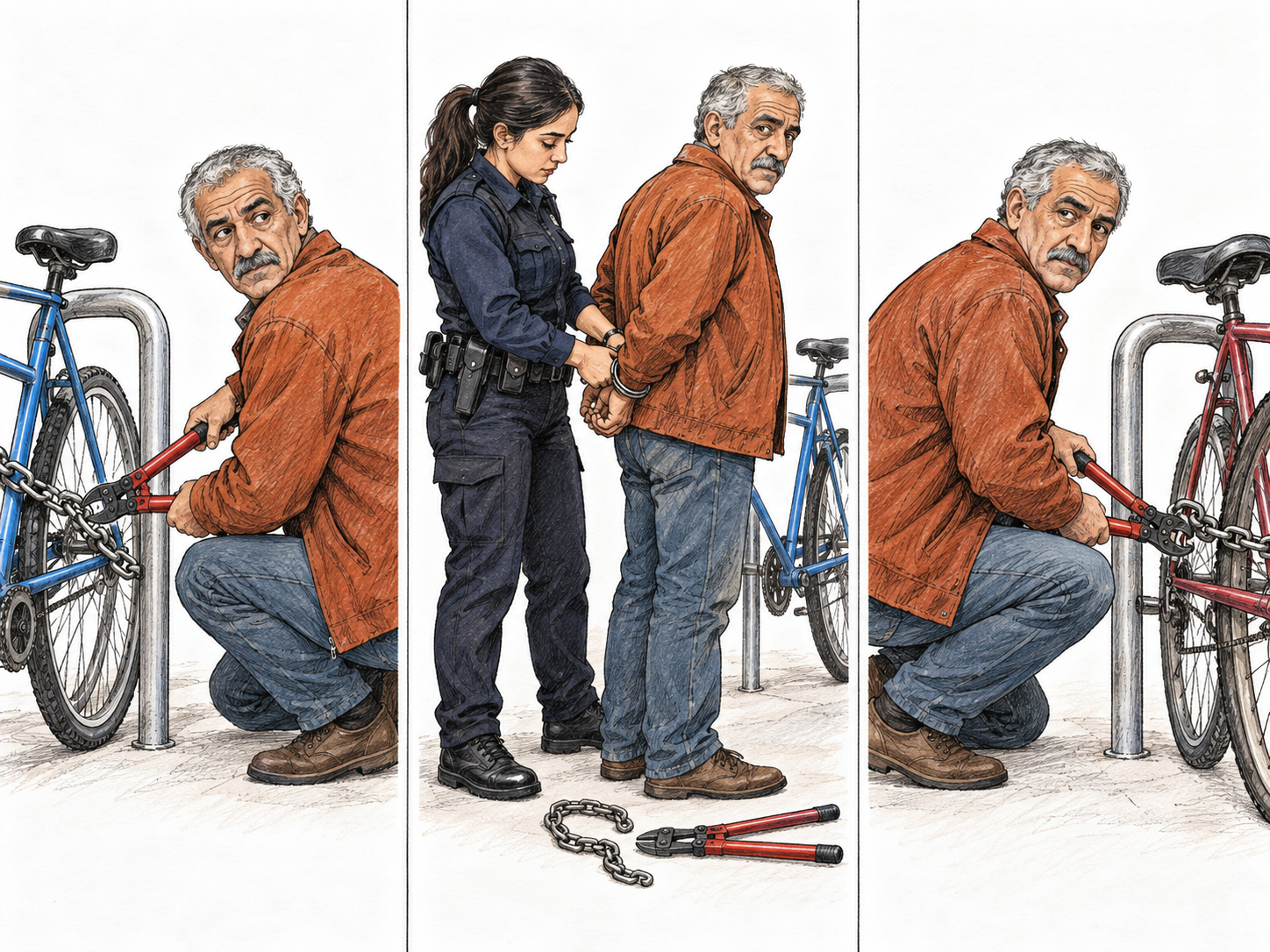 A text-free three-panel sequence shows the same distinctive older man stealing a bicycle, being arrested beside the cut lock, and later stealing another bicycle.