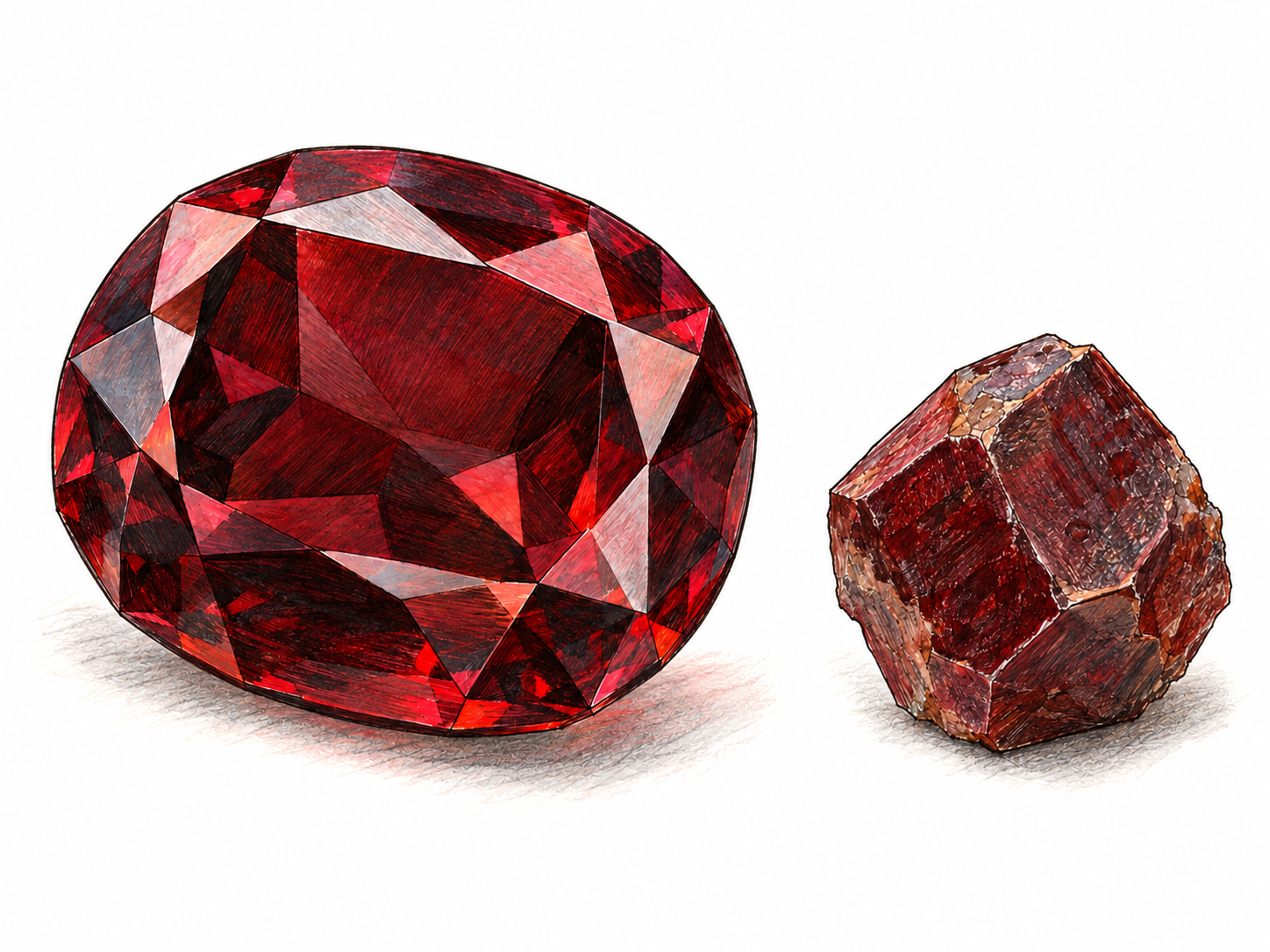 A large loose, faceted dark-red garnet beside a small natural garnet crystal, emphasizing deep wine-red color and gemstone transparency.