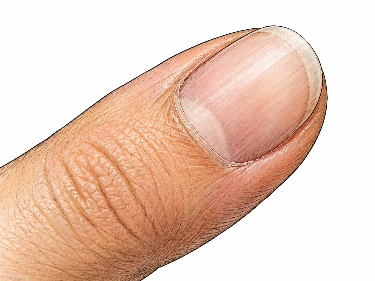 An anatomically accurate close-up of a clean adult fingertip with the thin cuticle at the nail base clearly visible.
