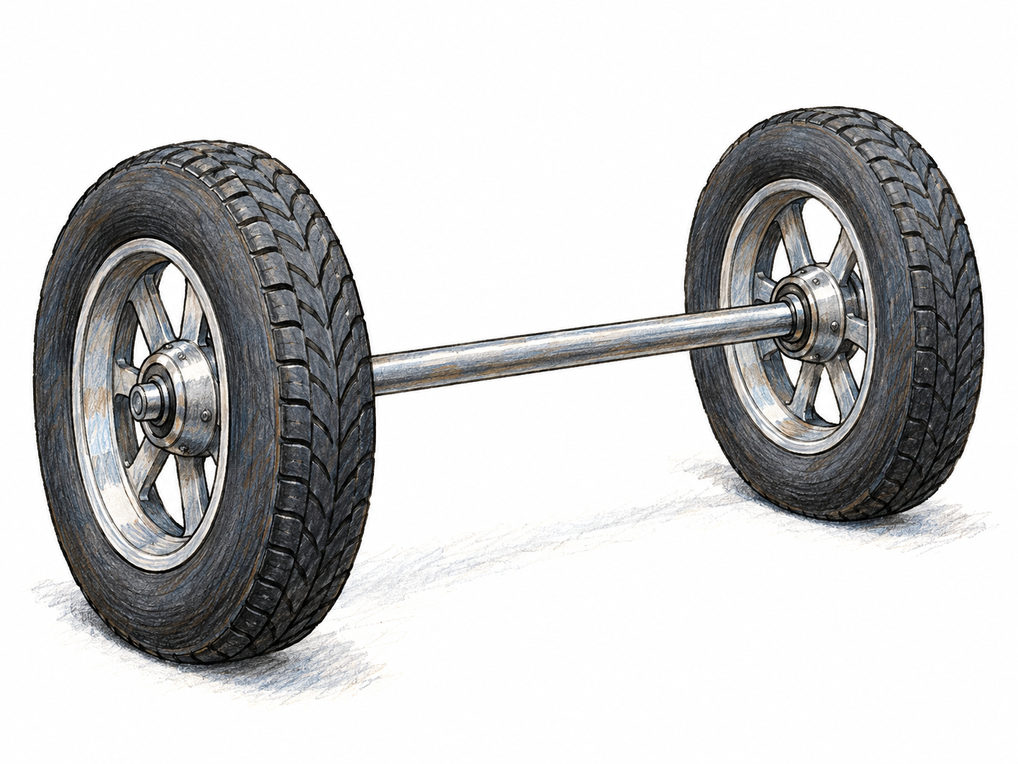 An exposed straight steel axle passing through the central hubs of two upright wheels, with the long rod clearly visible between them.