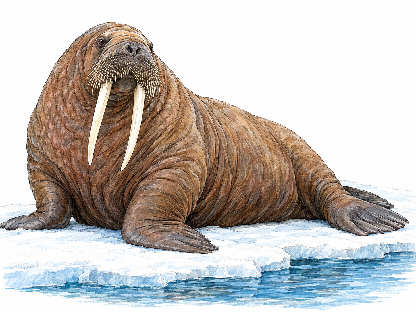 A single adult walrus resting on a low Arctic ice floe, with its enormous body, bristly muzzle, paired long tusks and flippers clearly visible.