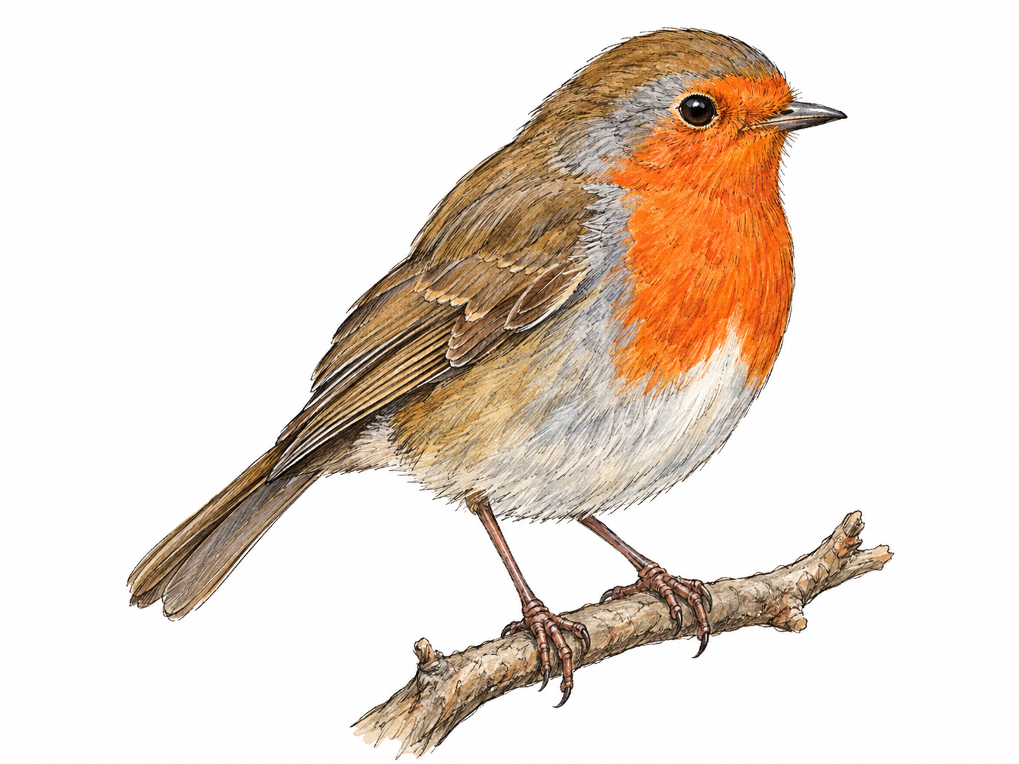 One recognizable songbird perched on a short bare twig, with a clear beak, feathered wings, tail and gripping feet.