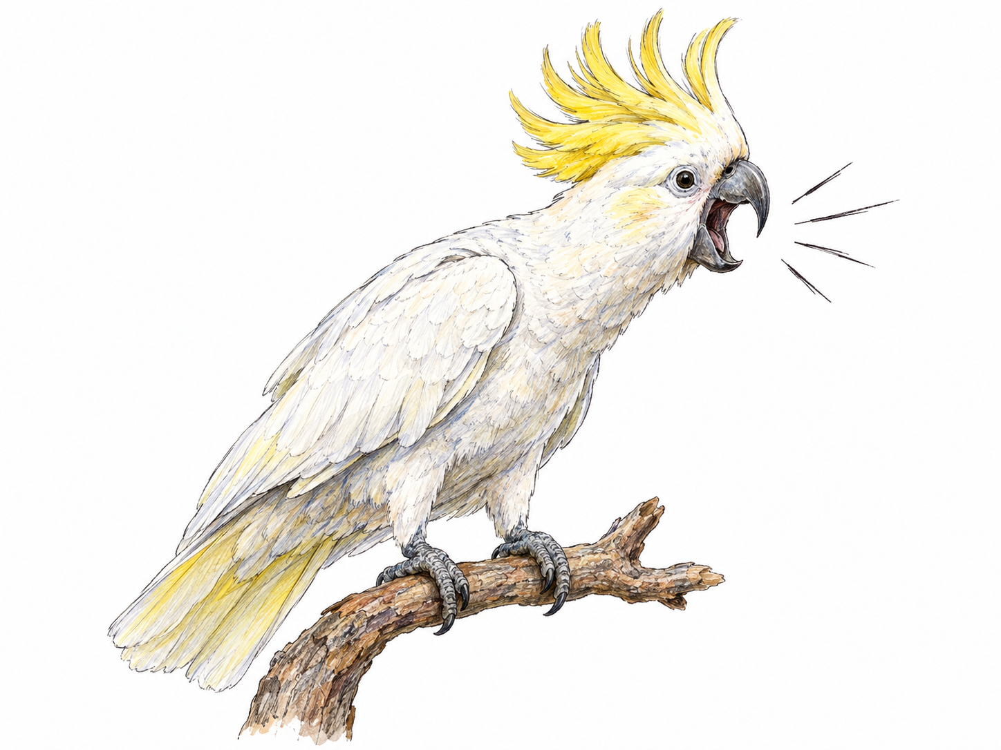 A sulphur-crested cockatoo perched on a short bare branch gives a harsh, high-pitched screech, its beak wide open and crest raised.