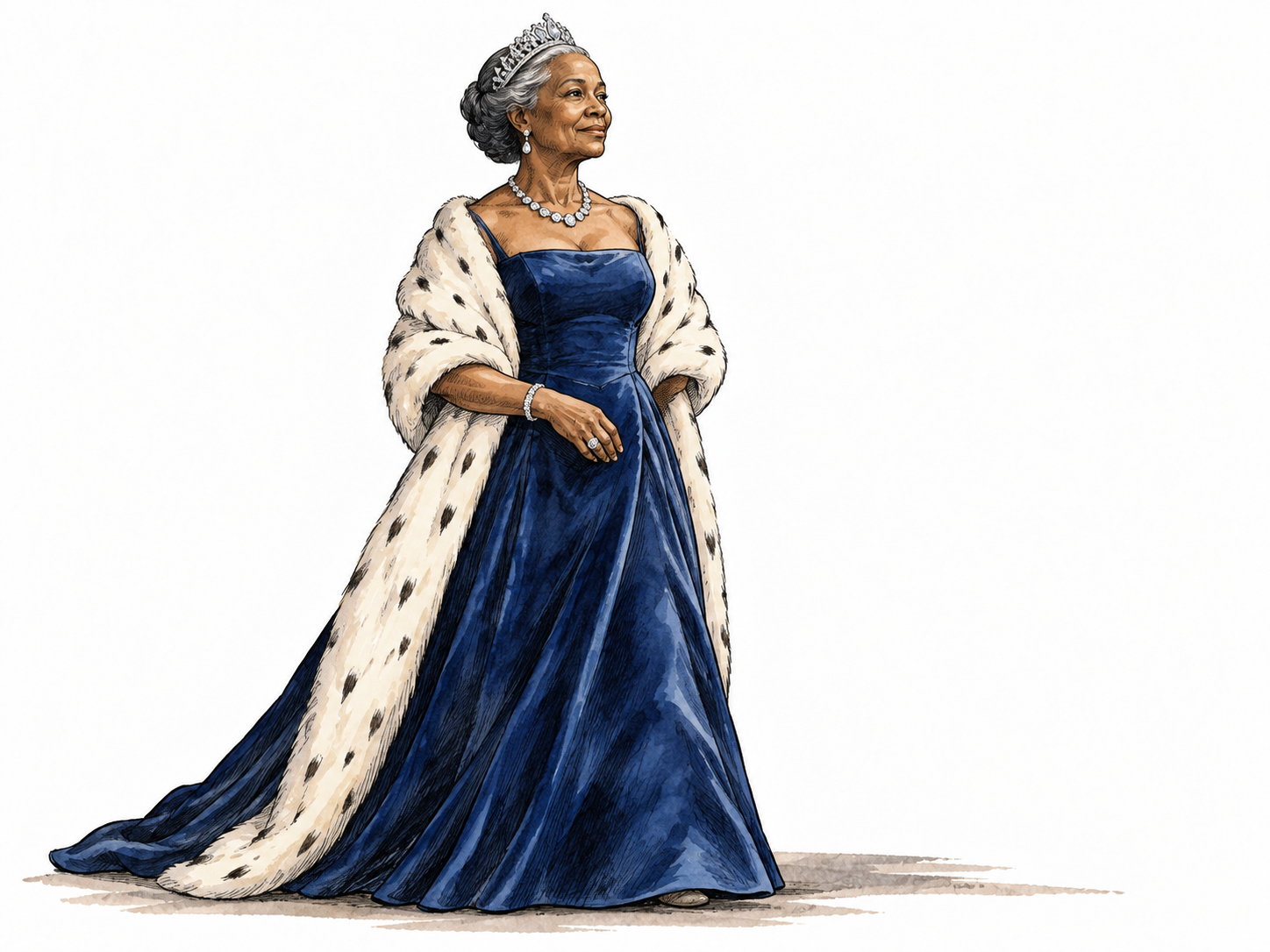 An older Black woman carries herself with regal dignity in formal evening clothing, upright elegant posture.