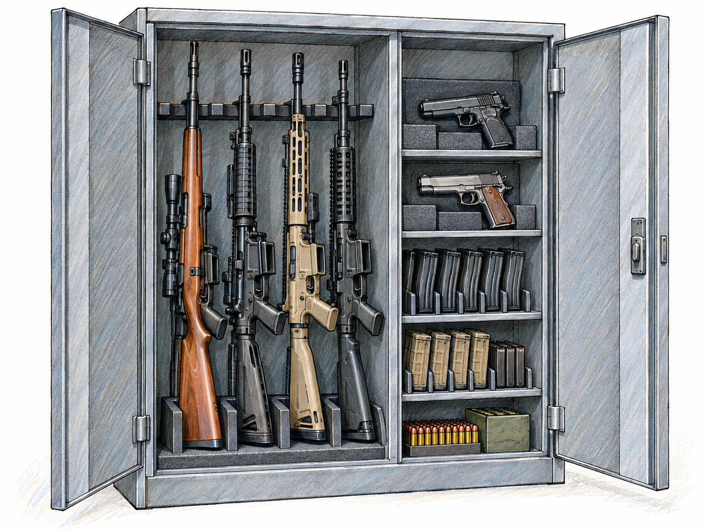 An open weapons-storage cabinet displays a clearly organized collection of usable weapons: several rifles, two handguns, and ammunition magazines, all secured in fitted racks or compartments.