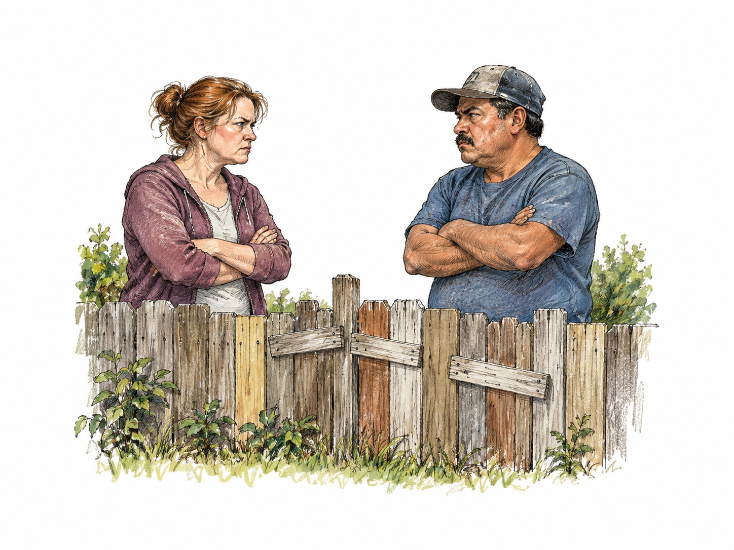 Two neighboring adults glare over a low boundary fence with arms crossed, longstanding bitter quarrel suggested by repeated repaired fence panels, no weapons or words.