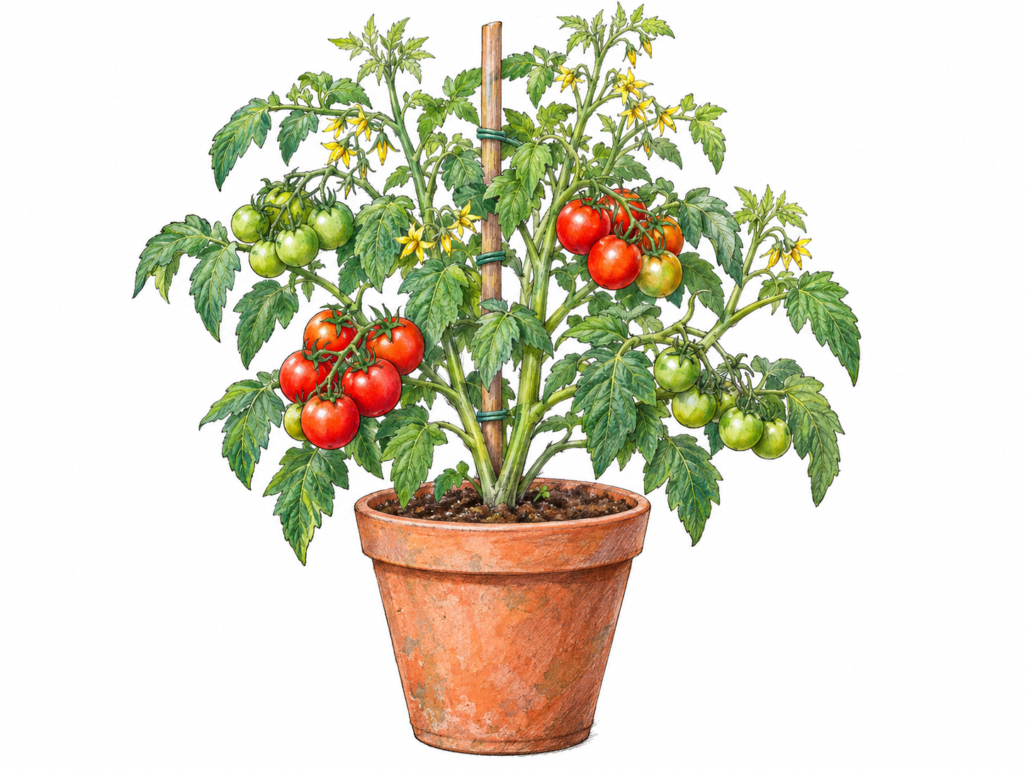 A vigorously flourishing tomato plant in a generous terracotta pot, with abundant healthy leaves, fresh shoots, flowers, and heavy clusters of ripening fruit visibly demonstrating strong growth.