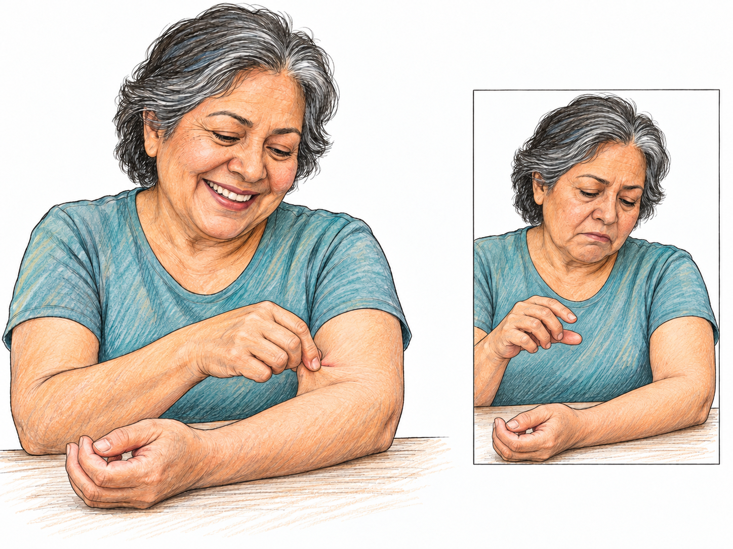An enlarged view of a woman visibly enjoying a mild self-administered pinch, paired with a smaller release view in which her pleasure disappears.