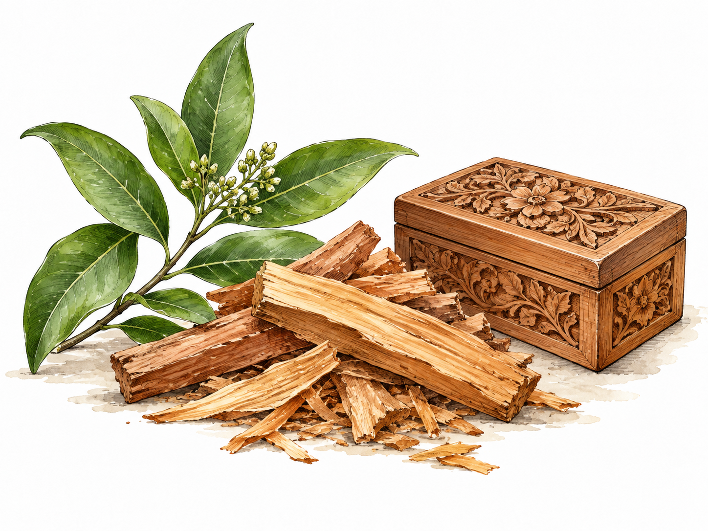 Sandalwood chips and a small carved wooden box beside green sandalwood leaves.