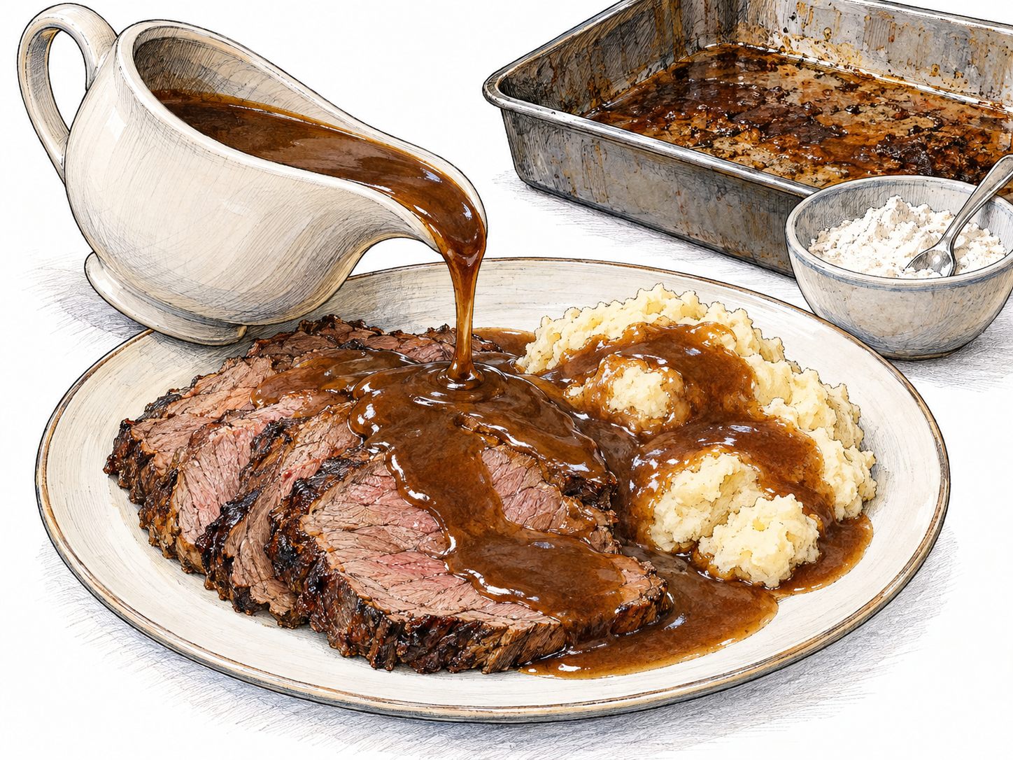 A gravy boat pours thick brown gravy over sliced roast beef and mashed potatoes, with a small roasting pan of meat drippings and a dish of flour behind it to suggest the sauce’s ingredients.