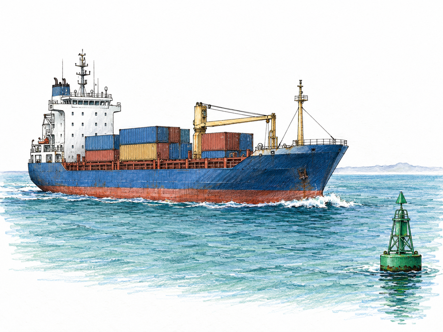 A coastal cargo ship passing a harbor navigation buoy, with a narrow strip of open sea conveying the maritime setting.