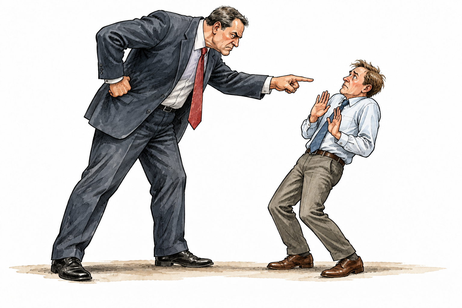 A large adult looms with stern pointed finger over another adult who shrinks back reluctantly, intimidation without violence.