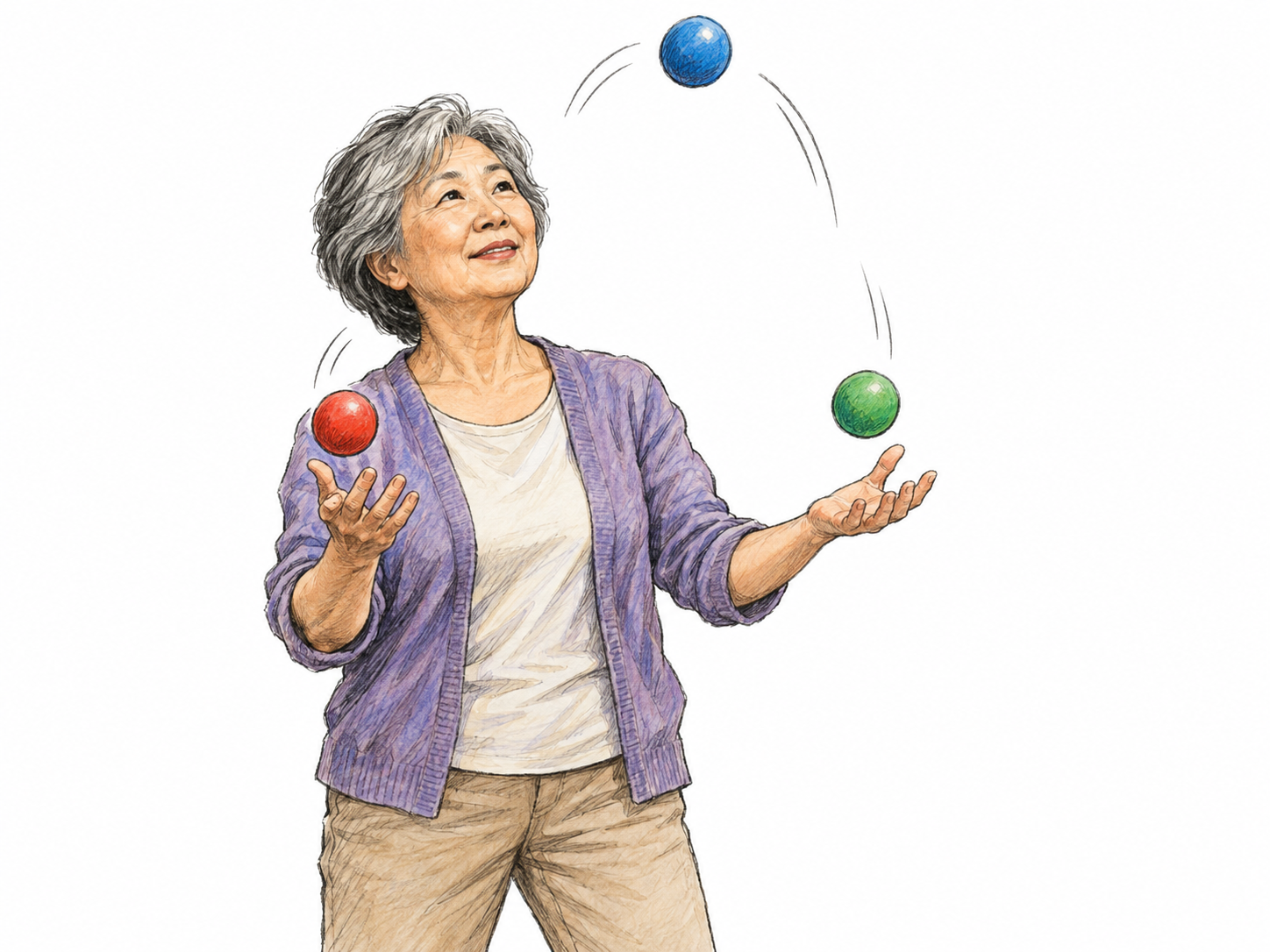 An older woman confidently juggles three balls, visibly demonstrating the skill and coordination to perform a difficult action.