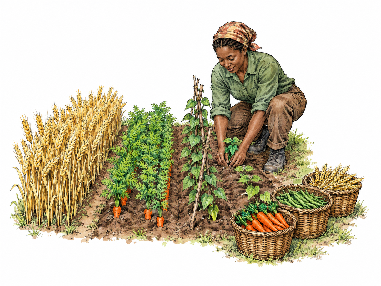 A farmer adds vegetable crops to a formerly single-crop field: one narrow strip of wheat remains, while adjacent small plots now grow carrots and beans, and three corresponding harvest baskets sit at edge.