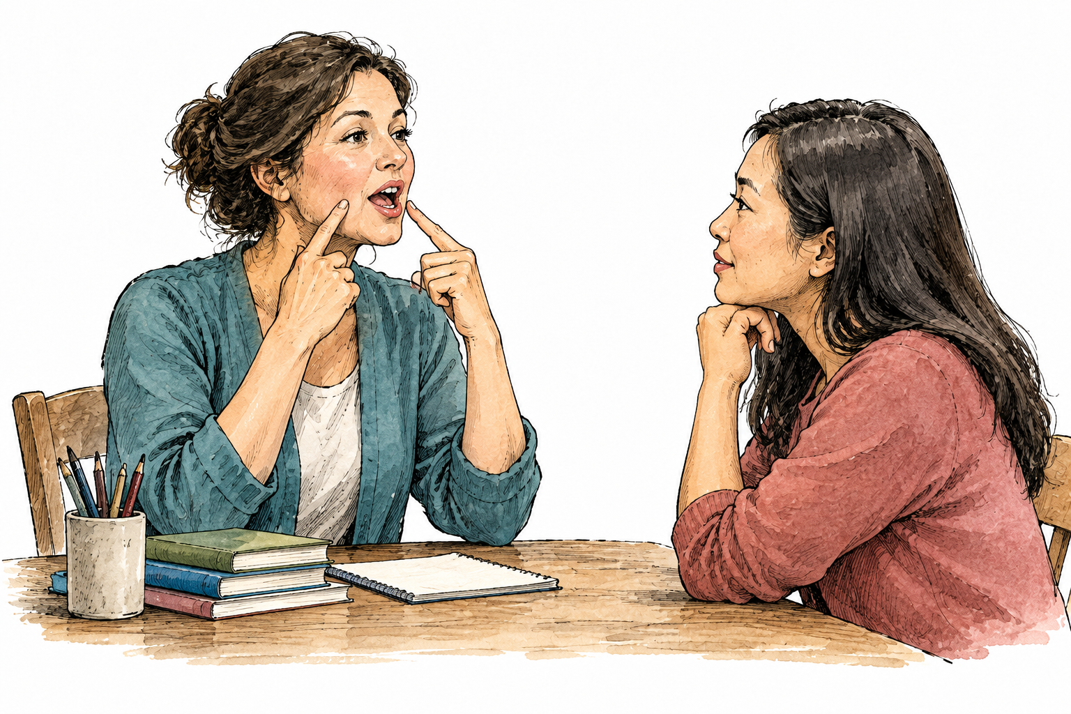 Speech teacher carefully articulates toward attentive adult learner, clear visible mouth posture, no letters or captions.