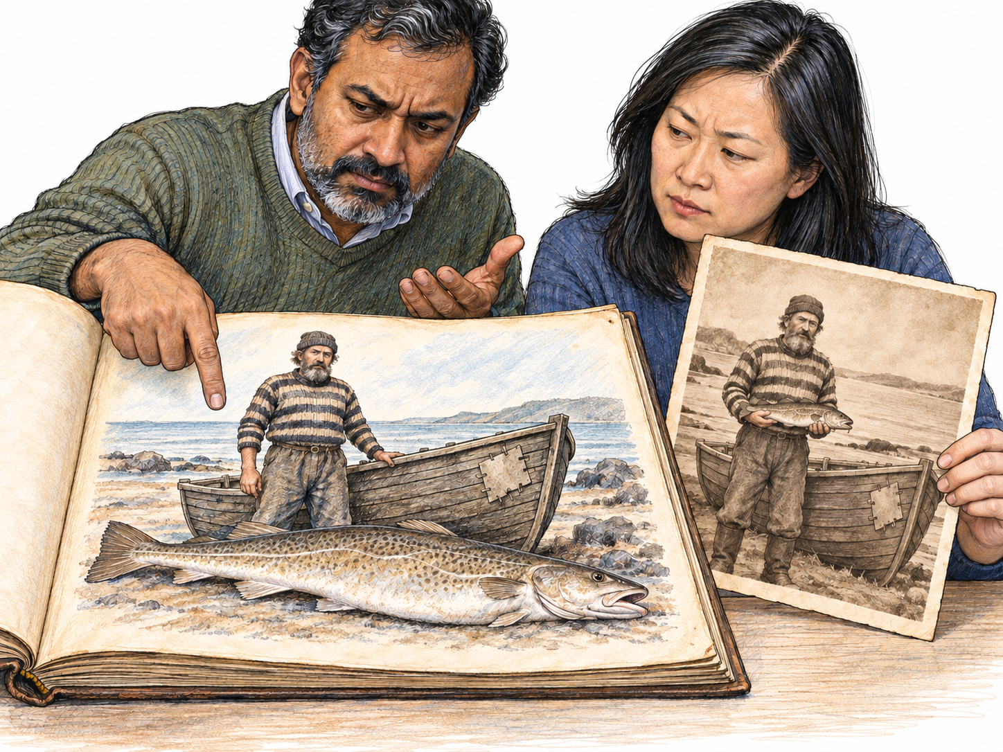 Two manuscript specialists compare an old illustrated fishing account with a period photograph of the same fisherman, boat and catch.