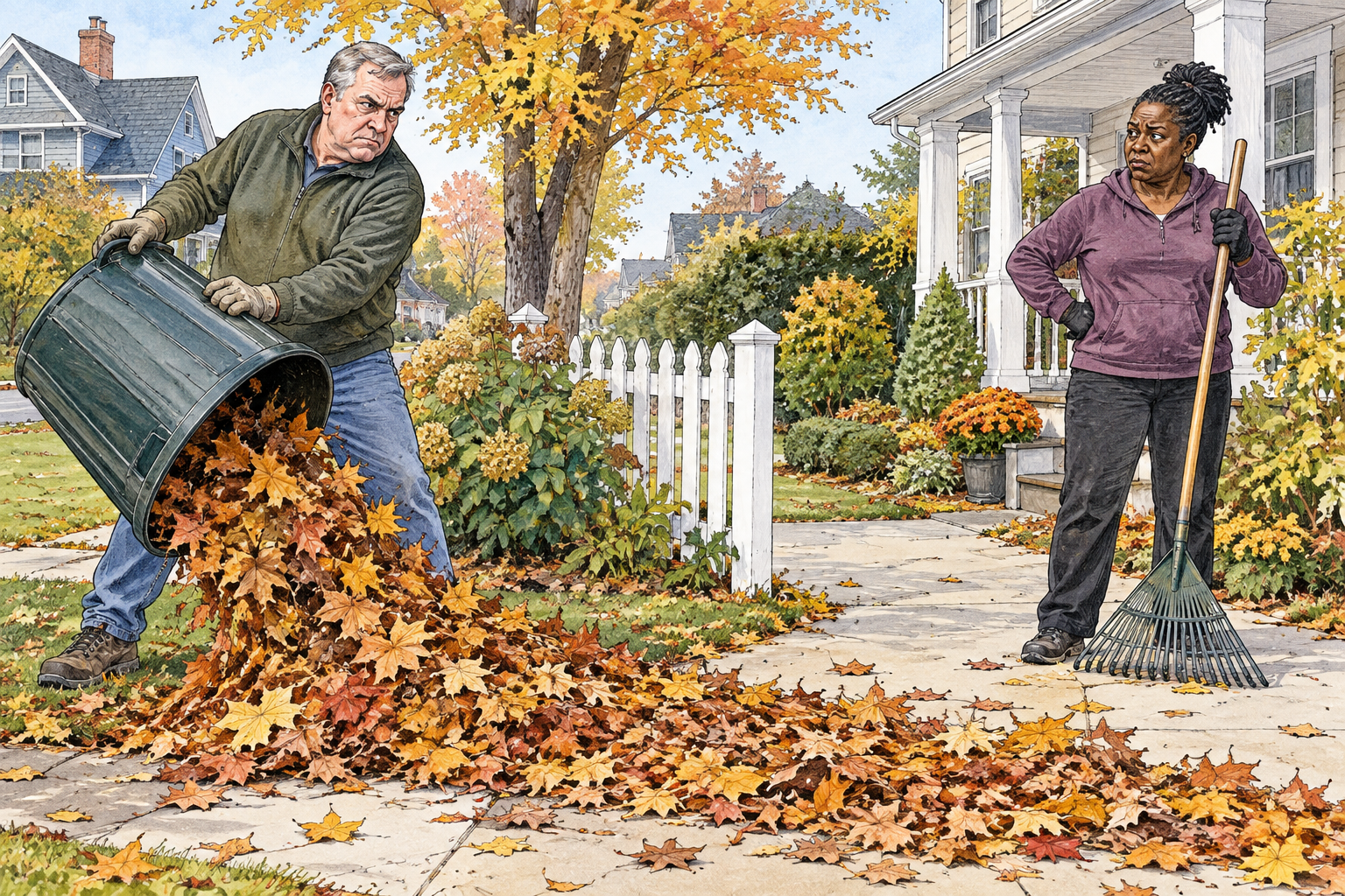 Two neighbors in a petty revenge incident: one deliberately tips collected leaves back onto the other's cleared path after an argument, disapproving expression, no harm.