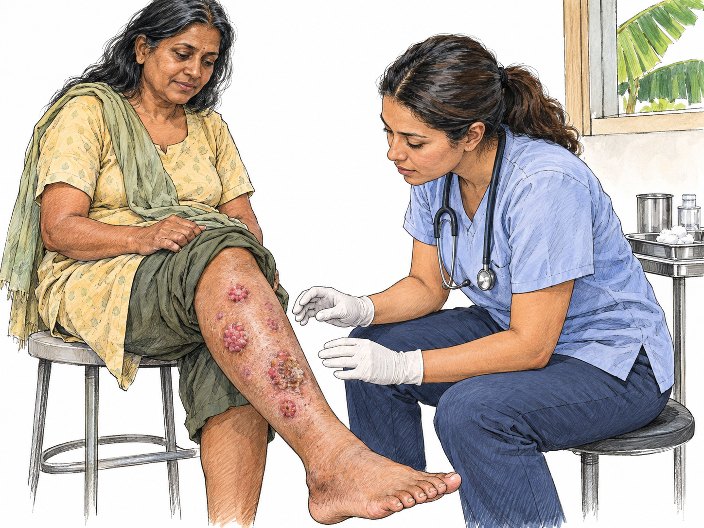A respectful clinical examination of characteristic yaws-like skin sores: several raised, lobulated, raspberry-like lesions on a woman's shin, with one larger crusted lesion.