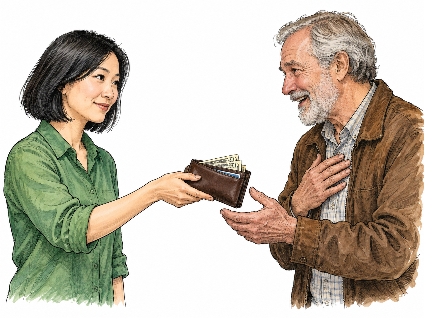 Woman returns dropped wallet with visible money intact to relieved owner, honest upright behavior unambiguous; no street scenery, two figures on white.
