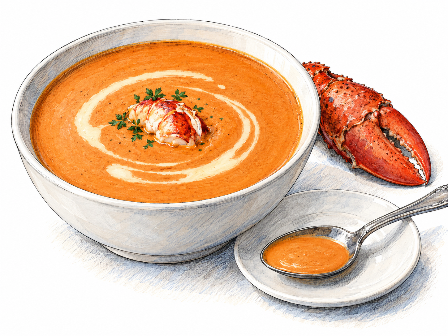 A shallow bowl of smooth coral-colored shellfish bisque with a delicate cream swirl, a small cooked lobster garnish, and a spoon holding the same velvety soup.