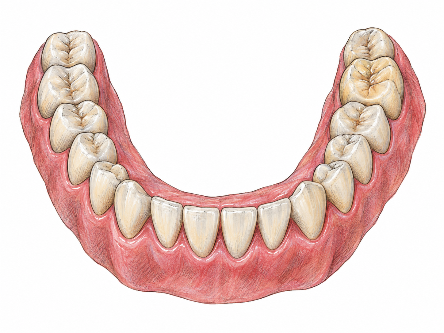 A close, three-quarter view of a realistic lower dental arch makes the broad, cusped molars at the back clearly distinguishable from the narrow front incisors.