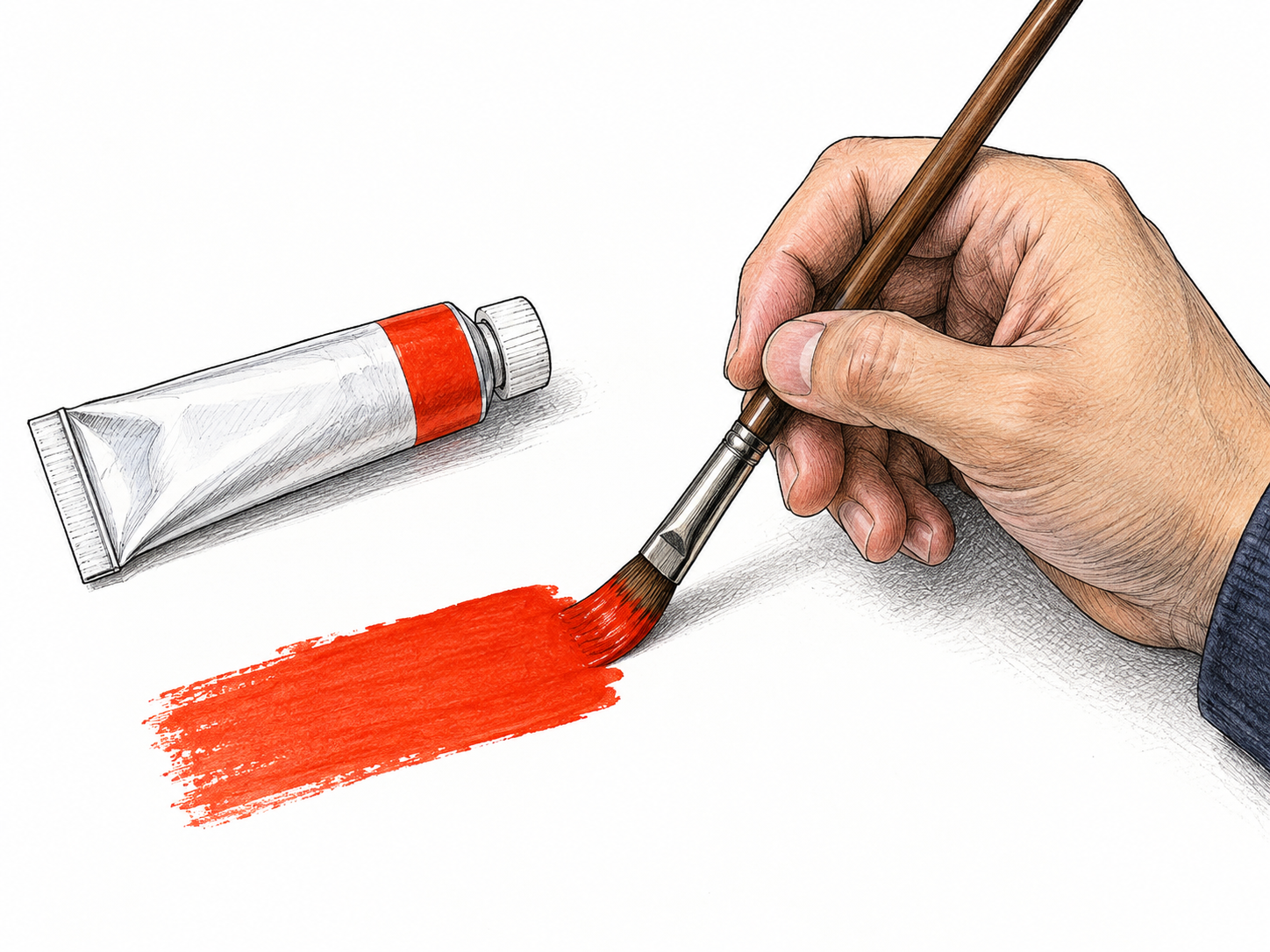 A single artist brush makes one vivid red-orange vermilion paint swatch on white paper beside a small unmarked closed paint tube; color sense only, no ingredient processing or text.