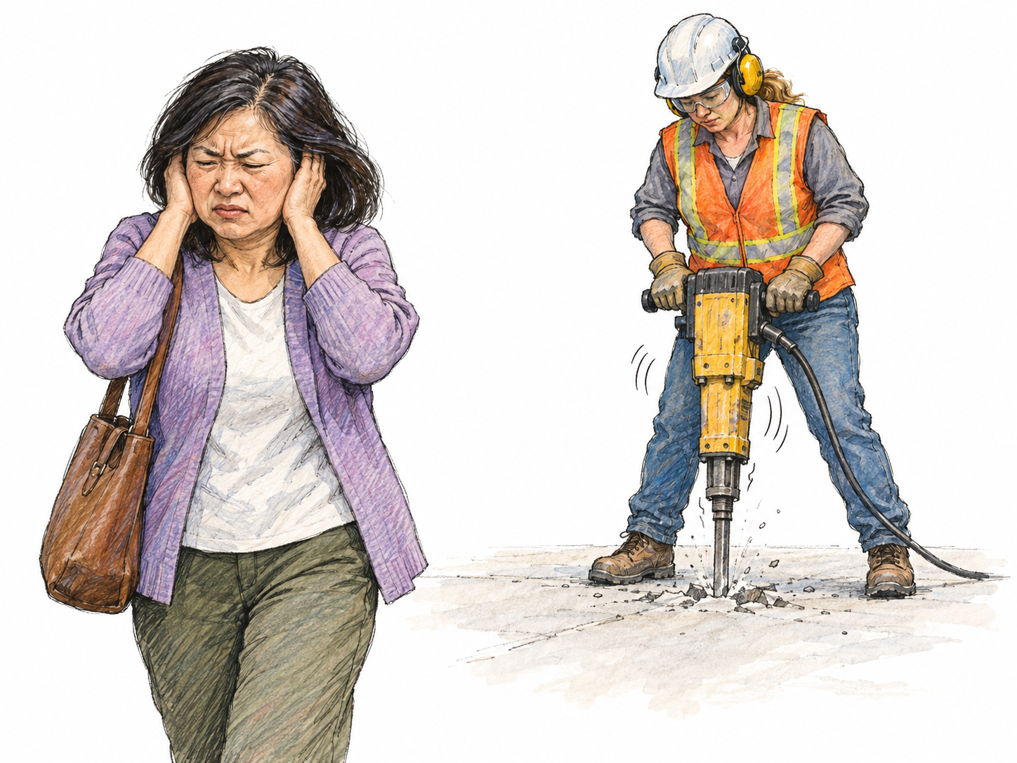 A middle-aged East Asian woman covers her ears beside a middle-aged white woman operating a jackhammer on a small patch of pavement.