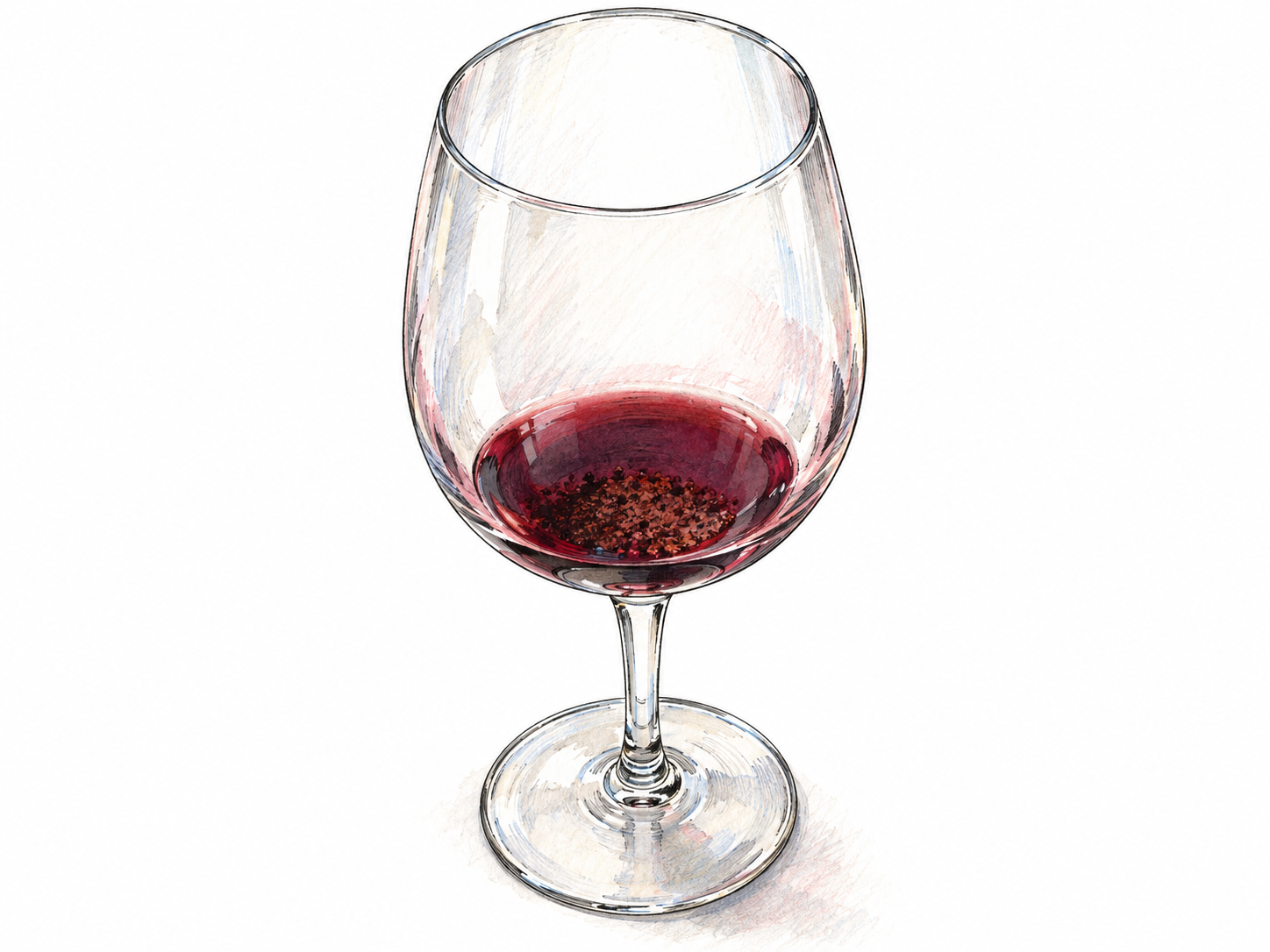 A nearly empty clear wineglass with a small puddle of dark red wine and a conspicuous layer of coarse sediment settled at the bottom.