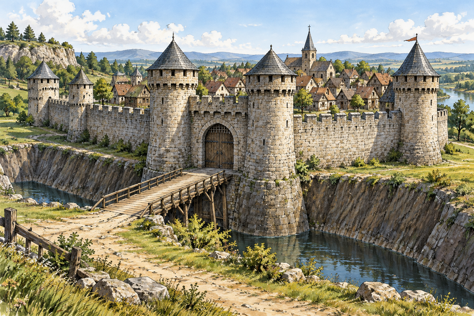 Stone defensive rampart with towers deep ditch and sturdy gate protecting small settlement, clear fortification.