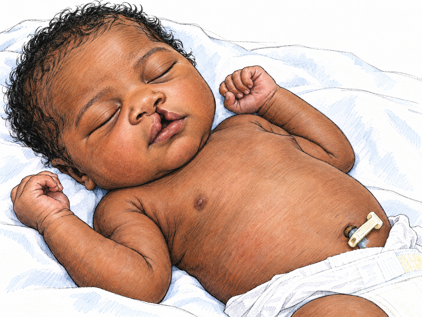 A newborn baby with a clearly visible cleft upper lip rests on a plain hospital blanket, with a fresh umbilical-cord clamp establishing the immediate newborn context.