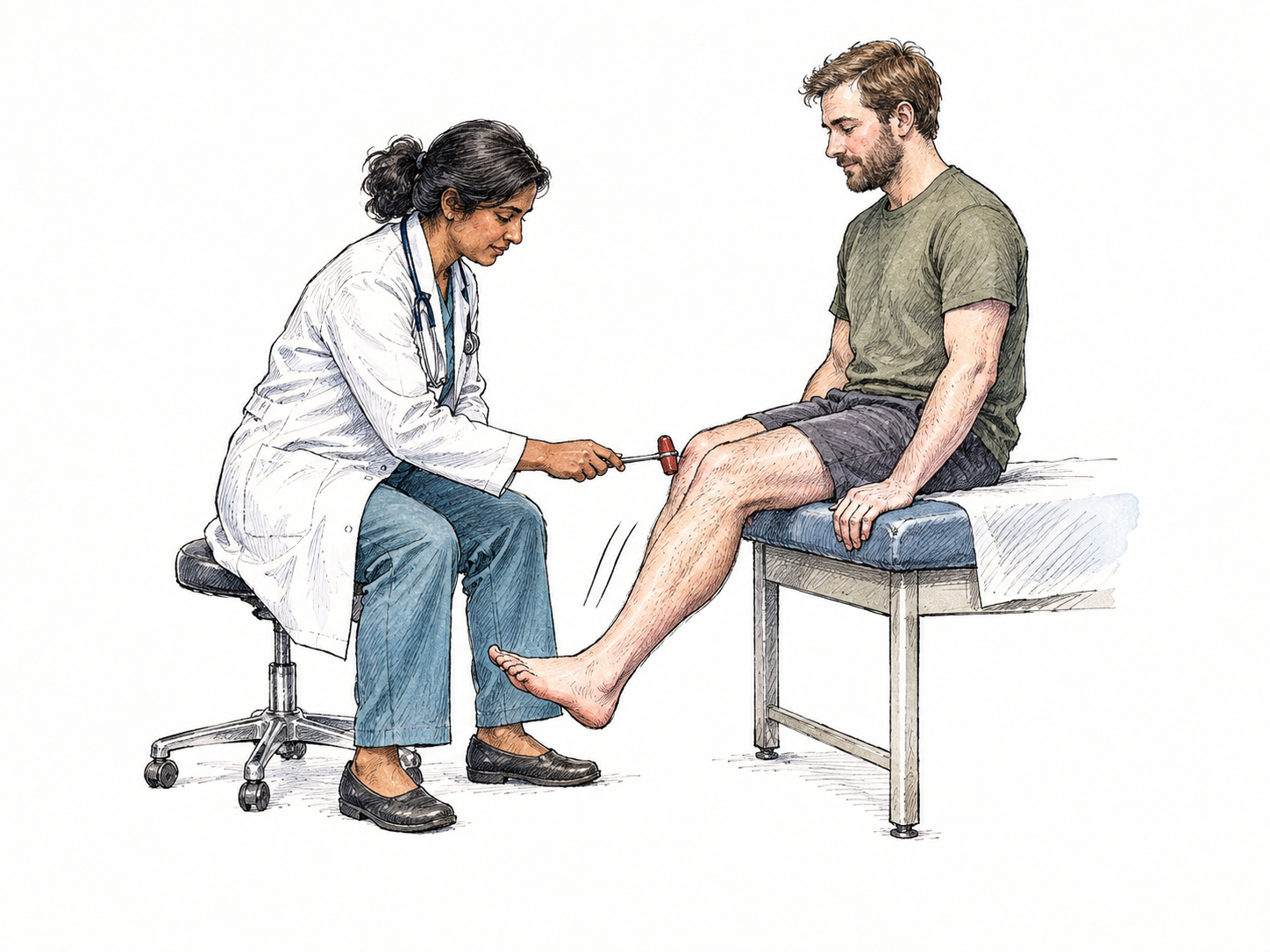 Clinician gently taps the patellar tendon just below the kneecap with a rubber reflex hammer; seated patient’s relaxed lower leg extends slightly in a knee jerk.