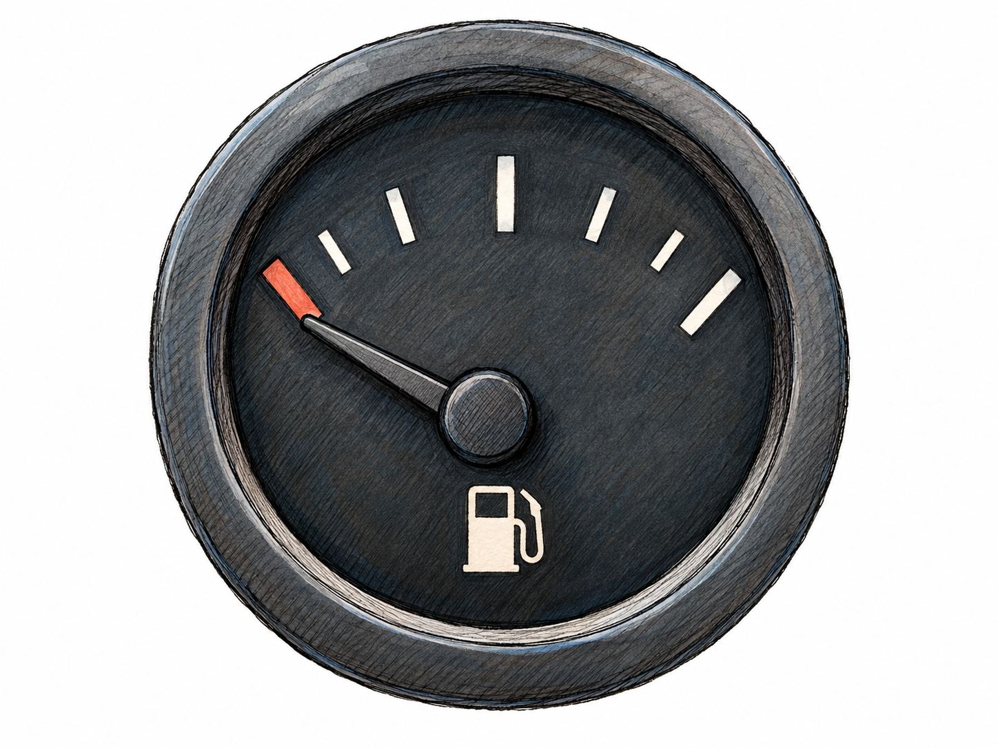 A close-up of a car's fuel indicator: a clearly visible needle points toward the nearly empty end of a graduated gauge, with a small fuel-pump pictogram identifying what it indicates.