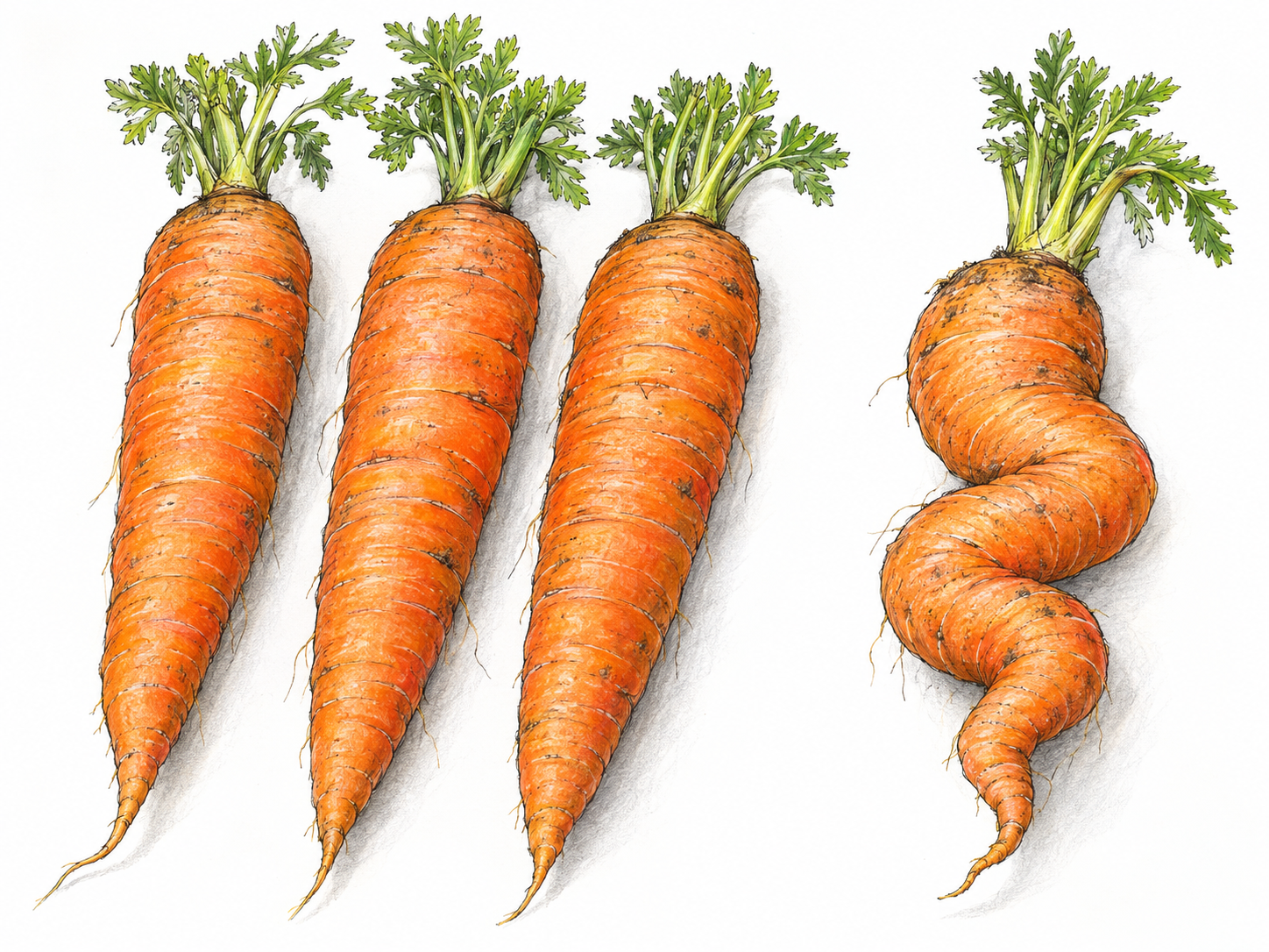 One peculiarly corkscrew-shaped carrot beside three ordinary straight carrots, making its noticeably unusual shape immediately apparent.