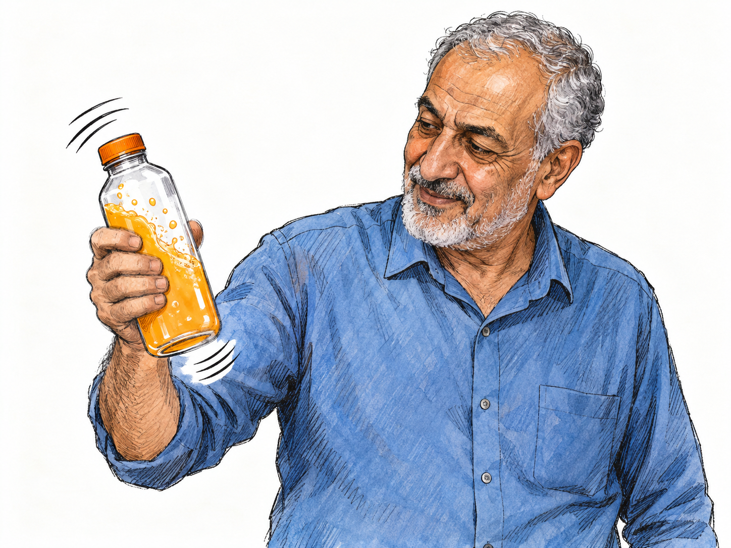 An older man vigorously shakes a clear, tightly capped bottle of orange juice up and down.
