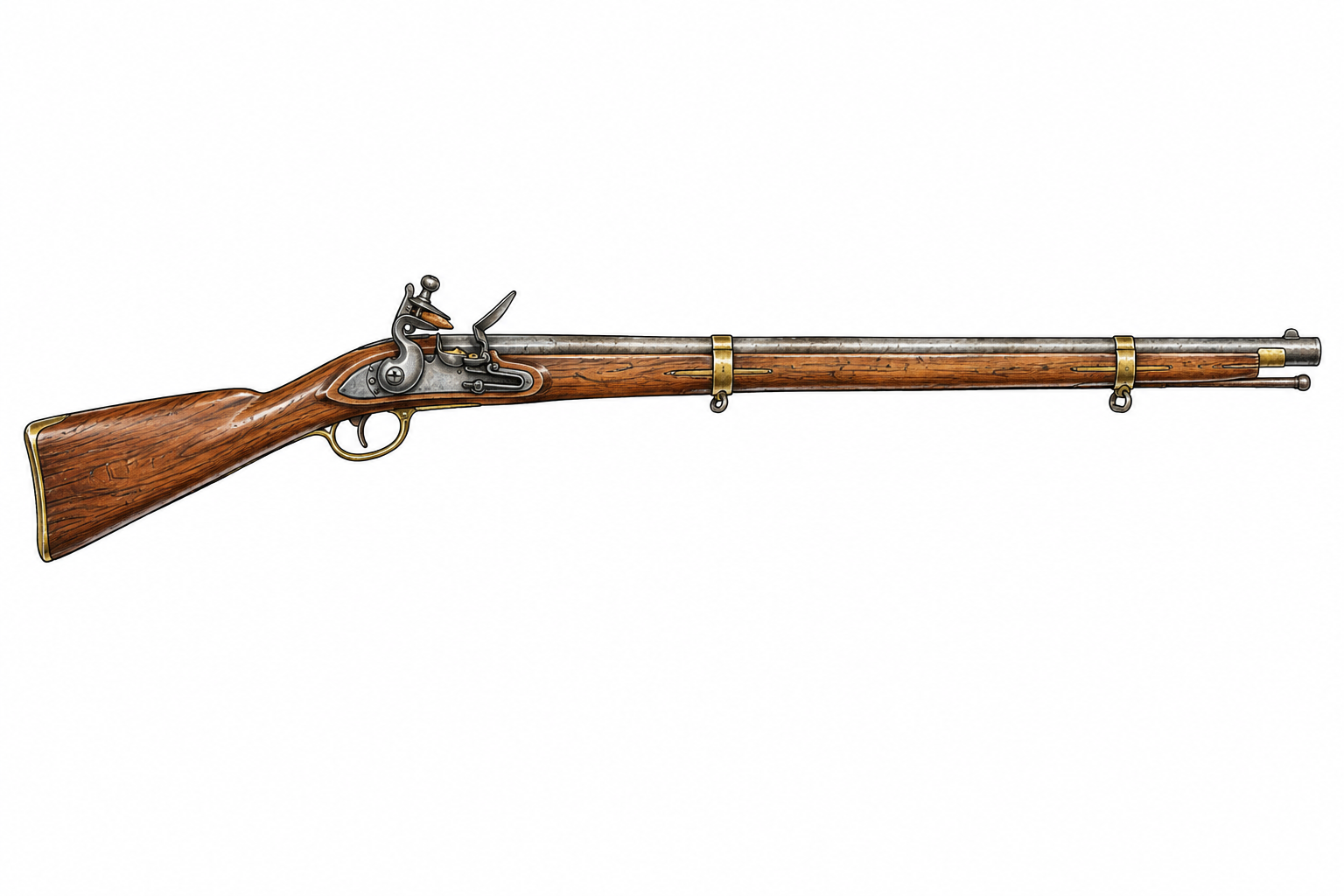 A historical flintlock musket displayed horizontally, long wooden stock and metal barrel, no loading instructions or person.