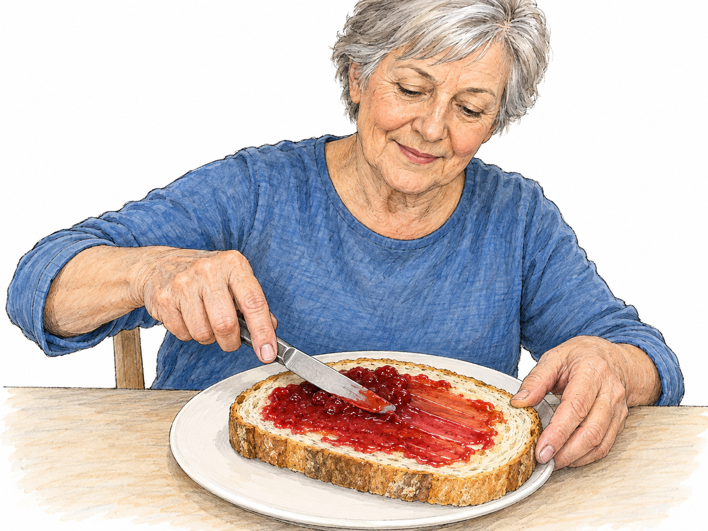 An older woman spreads a mound of thick red jam outward across a slice of bread with a butter knife, leaving a broad, visibly thinner layer behind the blade.