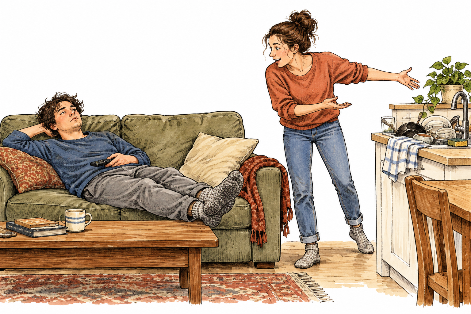 A person remains slumped motionless on a sofa while an energetic friend gestures toward an unfinished chore nearby, unwilling to act.
