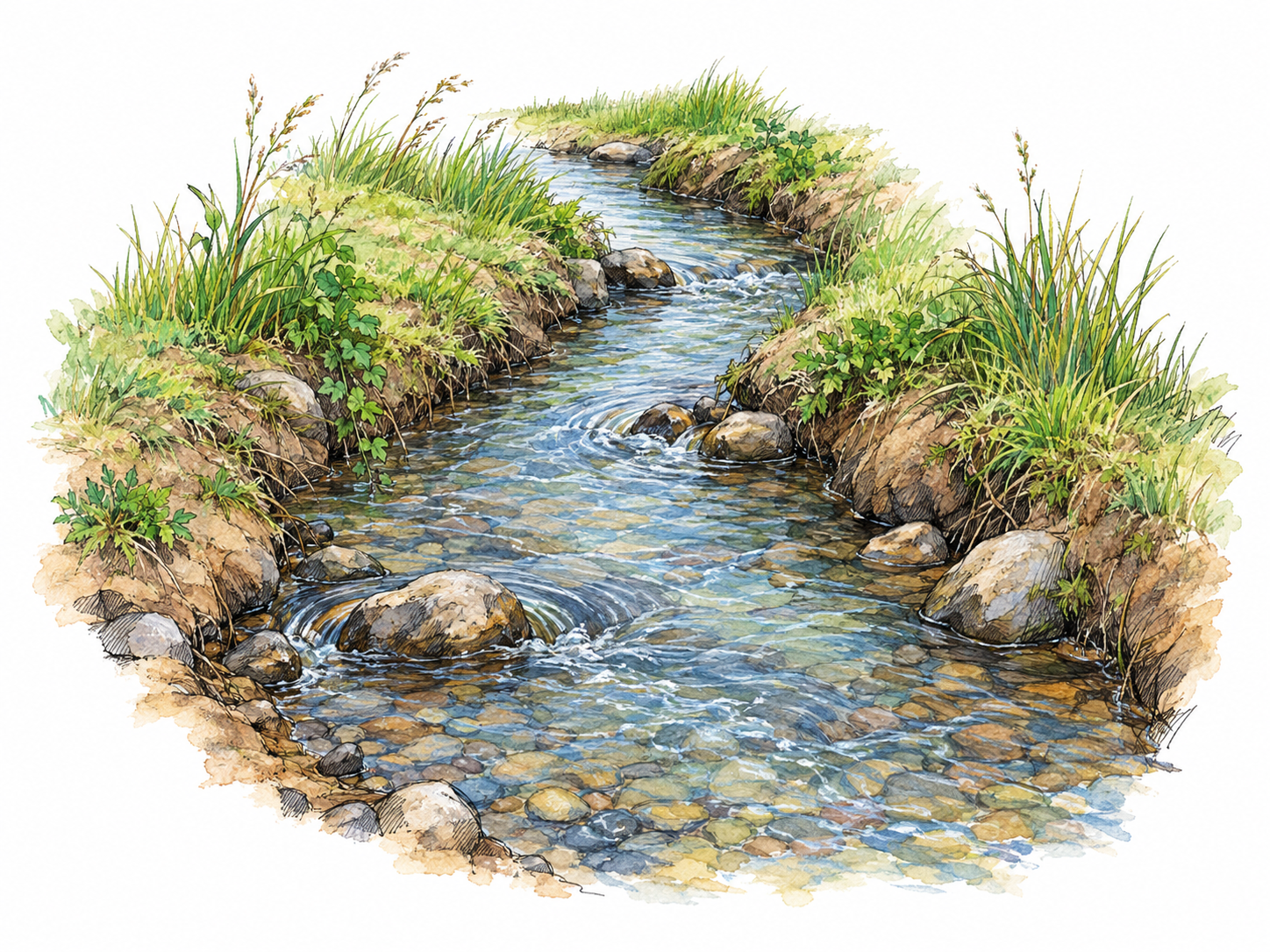 A narrow, shallow freshwater stream winding between grassy banks, with visible pebbles beneath the water and small ripples around exposed stones.
