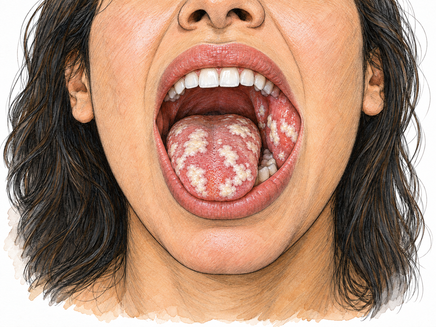 A close clinical view of oral thrush: an open mouth with distinct creamy-white, curd-like plaques on the tongue and inner cheeks against reddened mucosa.