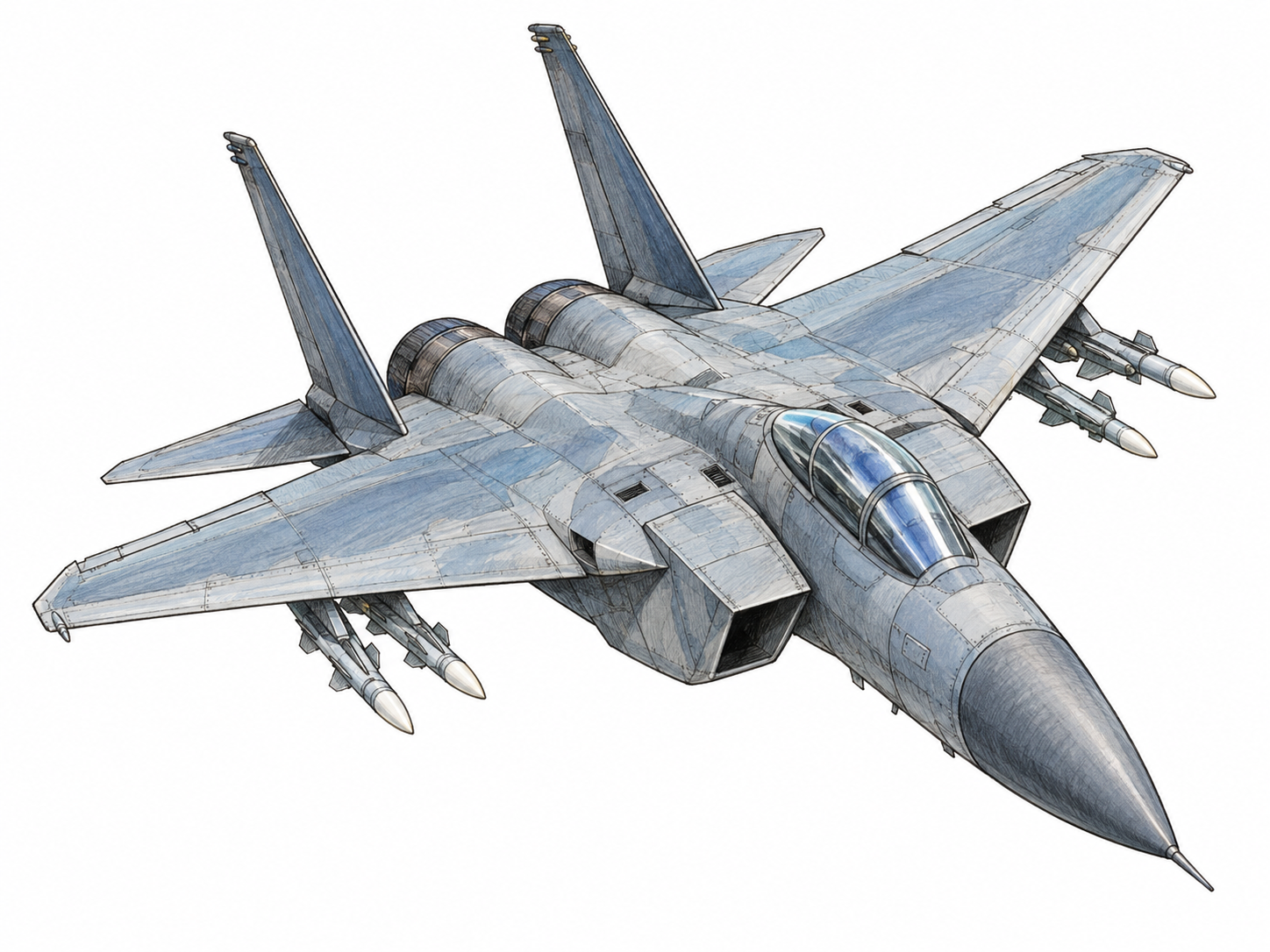 A swept-wing combat aircraft has a compact cockpit and underwing weapons.