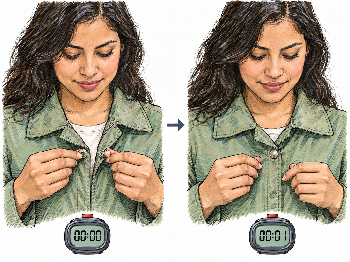 A compact before-and-after pair shows a woman fastening a jacket snap in just one second.