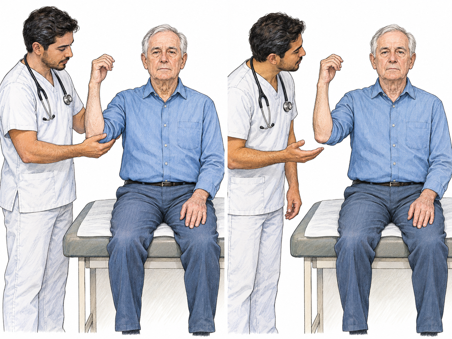 A compact two-panel clinical sequence shows an awake patient retaining an unusual arm posture after the clinician withdraws support, then remaining fixed and disengaged while the clinician attempts face-to-face engagement.
