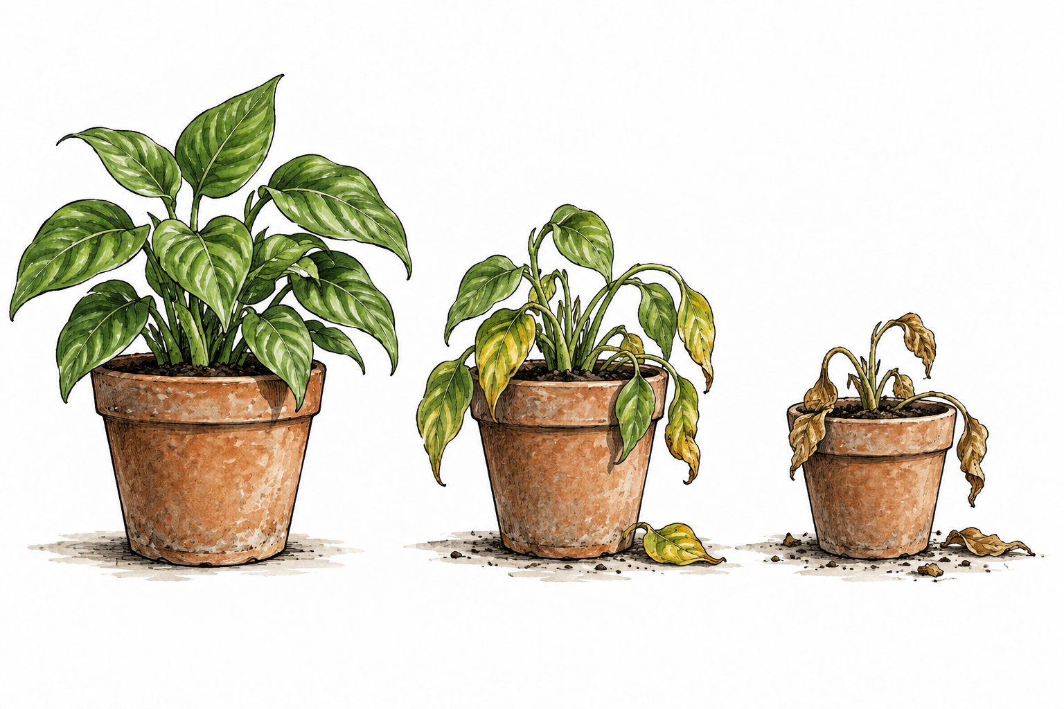 Three stages of the same potted plant becoming progressively weaker and smaller, declining condition.