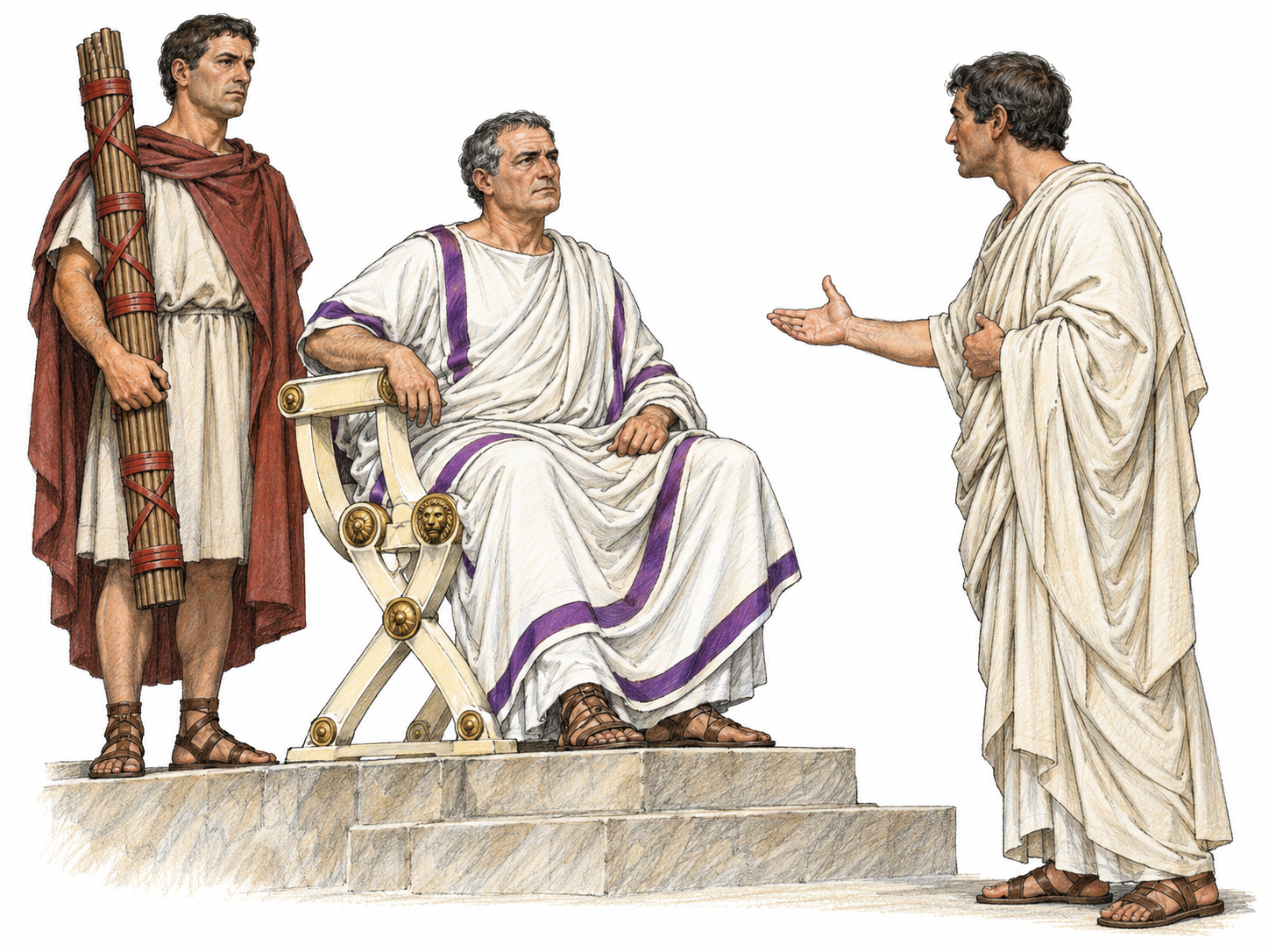 An ancient Roman praetor presides over a civil hearing, seated on a curule chair in a purple-bordered toga, with a lictor beside him and a citizen presenting his case.