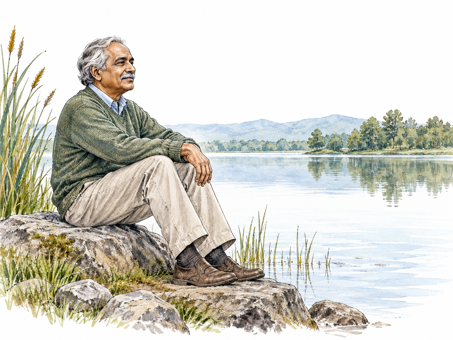 Person sits peacefully beside still lake, relaxed shoulders and open hands, quiet minimal water and reeds, no glowing aura.