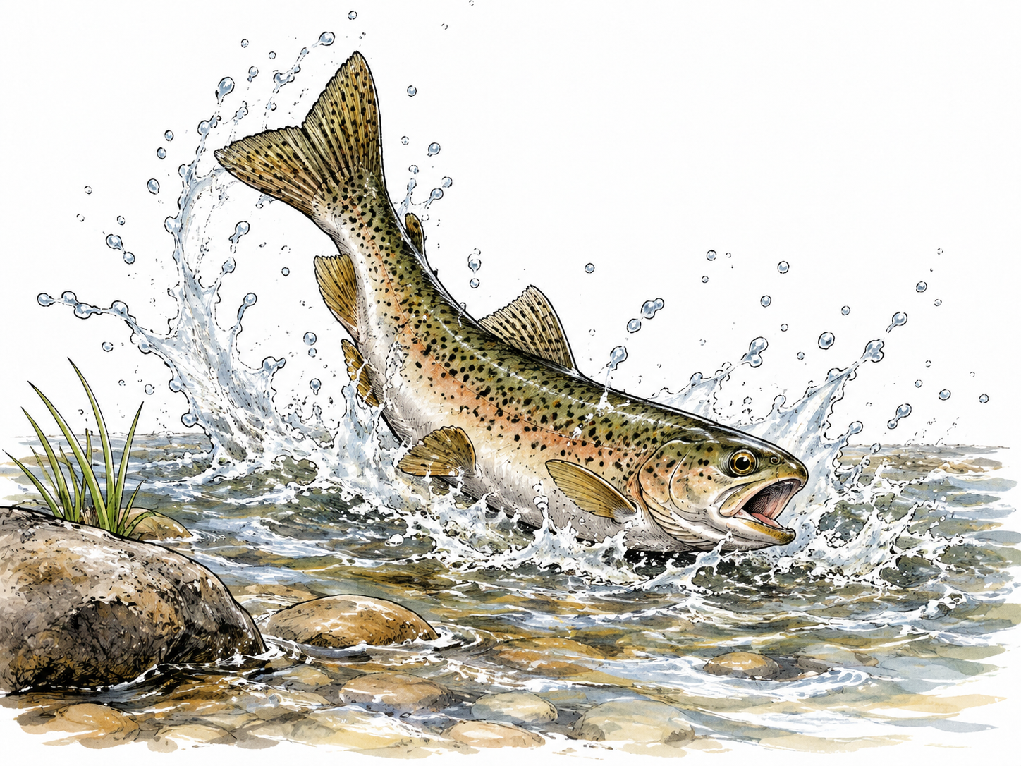 Fish thrashes vigorously in shallow water with spray, natural anatomy.