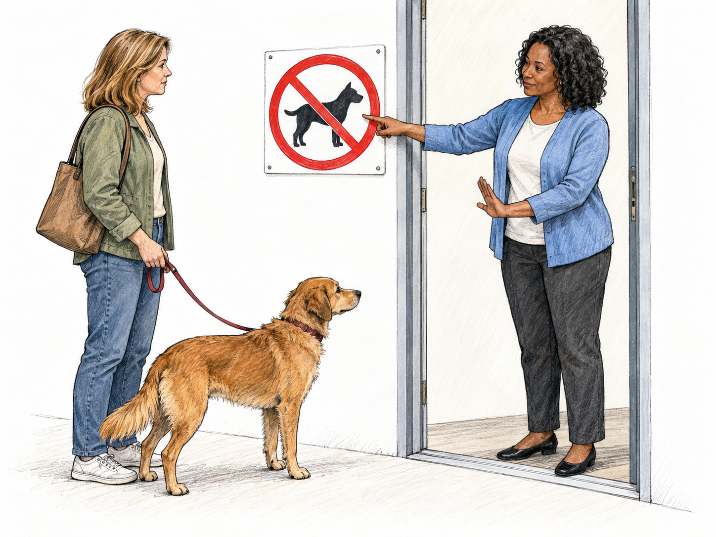 A crossed-out dog pictogram signifies that dogs may not enter: a visitor with a leashed dog pauses outside an entrance while an attendant points to the pictogram and gently blocks the dog's passage.