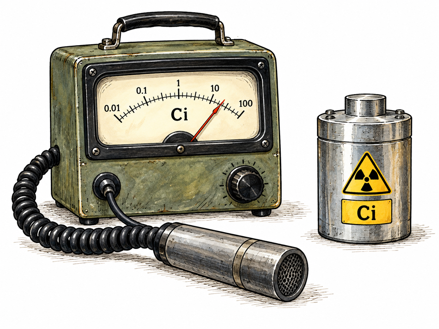 A vintage radioactivity measurement instrument stands beside a sealed source, with the short functional unit Ci visible on the scale; unit illustration rather than a person or chemical element.
