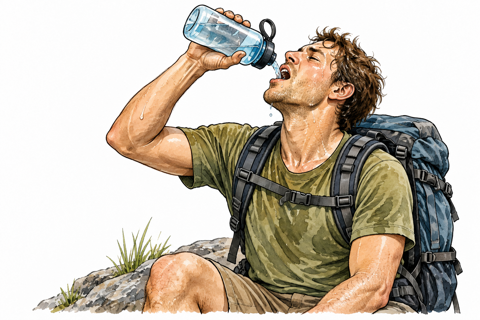 A sweaty hiker with dry lips drinks cool water from a bottle, strong need for drink.