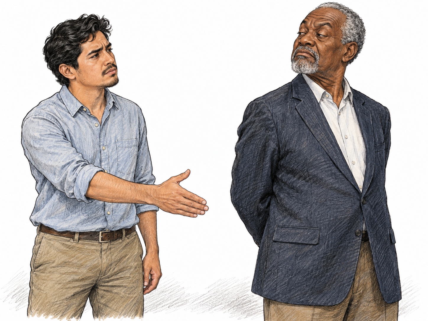 An older man pointedly snubs a younger man's offered handshake, raising one eyebrow and looking down his nose at him with a faint contemptuous curl of the lip.